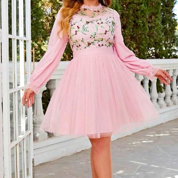 Simplee Plus Pink & Green Embroidered Floral Tulle Mesh Swiss Dot Print Dress. - Picture 10 of 10